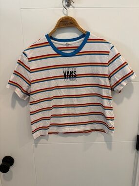 Vans White Tee with Blue Neckline and Multi Color Stripes size medium